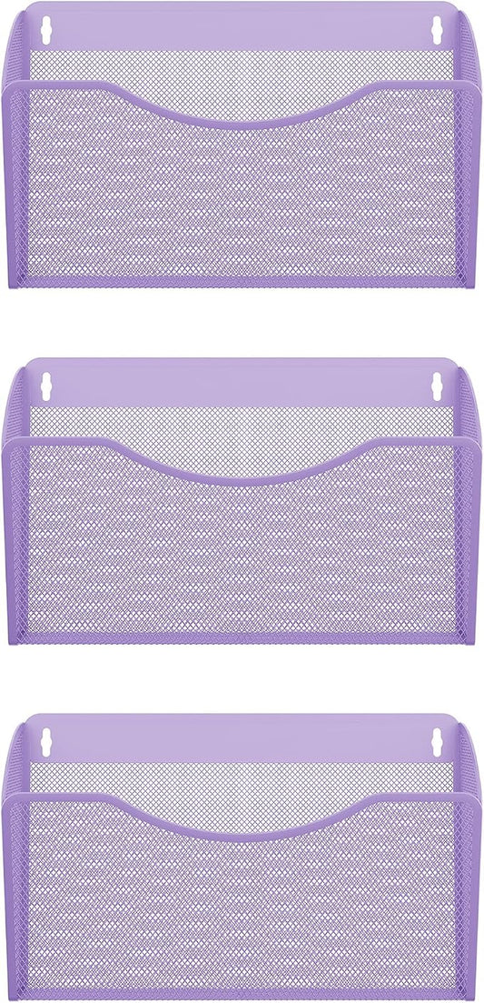 EasyPAG 3 Pack Wall File Organizer, Metal Mesh Hanging File Folder Holder for Letter/A4 Size Folders, Vertical Wall Mount Mail Sorter for Office Paperwork, Classroom, Purple