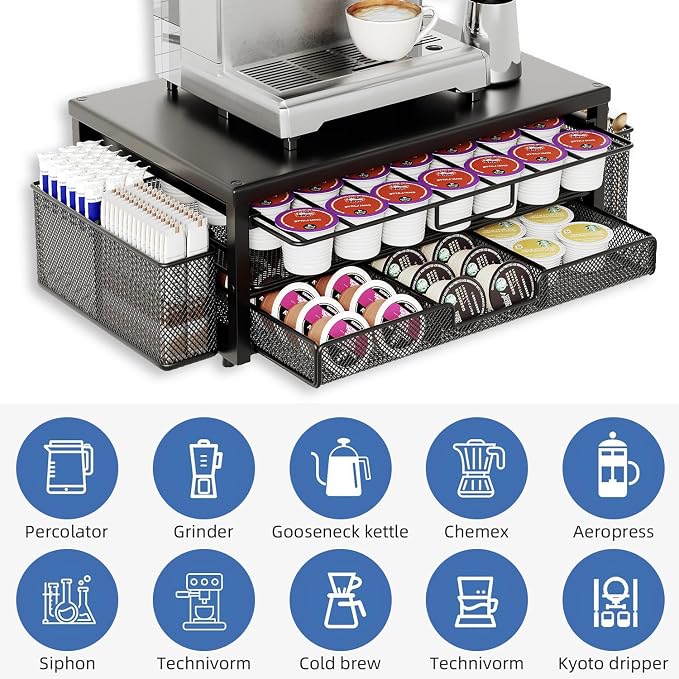 Metal Coffee Pod Holder for 80 Capsules with Storage Drawer & 2 Accessory Holders,2 Tier K Cup Holder Organizer for Countertop,Black