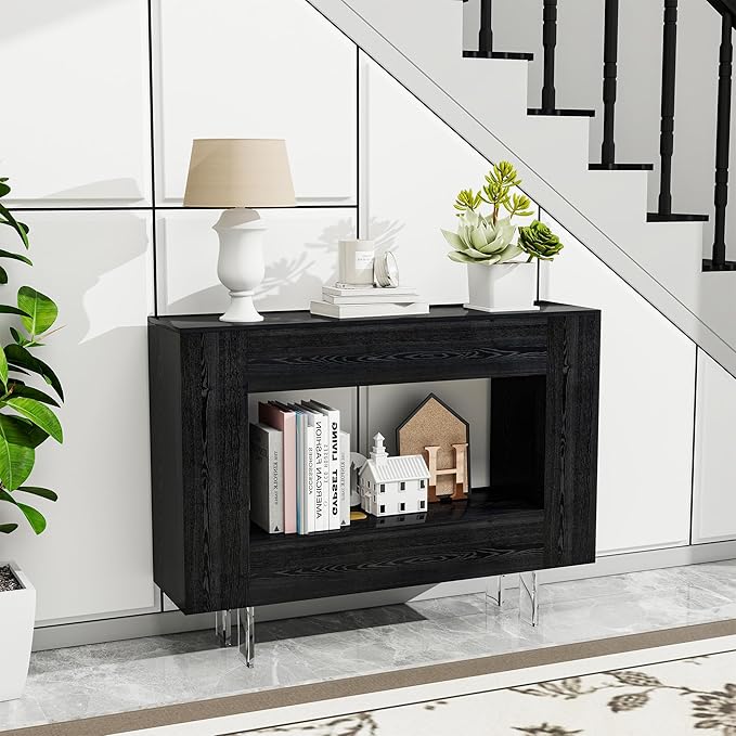 Narrow Console Table with Hidden Side Storage Cabinets, Adjustable Shelves, Modern Black Entryway Sofa Table for Behind The Couch, Living Room, Hallway, Black