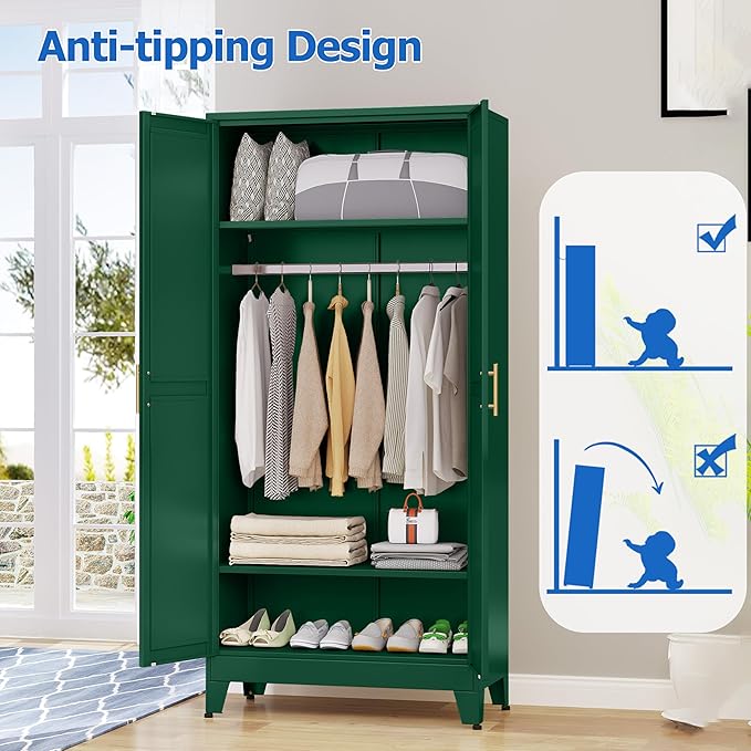 Metal Wardrobe Cabinet with Mirror and Hanging Rod, 71" Metal Clothing Storage Cabinets with 2 Doors and Adjustable Shelves, Green Armoire Wardrobe Closet for Bedroom, Laundry Room, Cloak Room