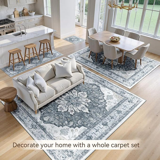 RELEANY Area Rugs 7'x9' Washable Non-Slip, Floral Vintage Distress Medallion Carpet for Living Room Bedroom Dining Room, Light Gray Grey White