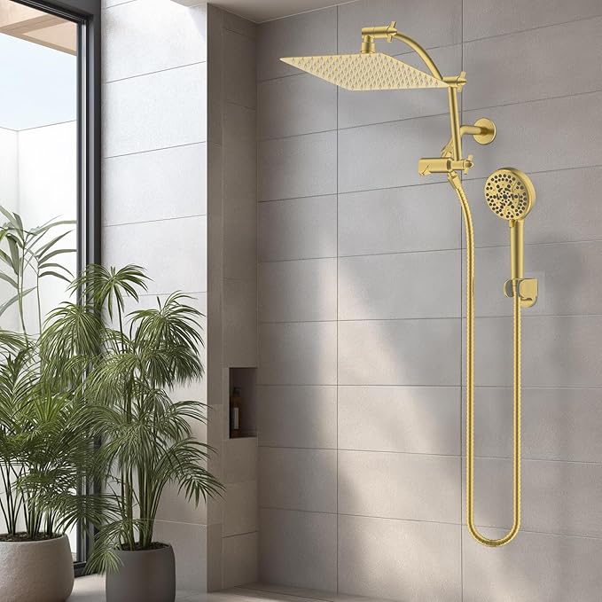 Hibbent All Metal cUPC Certified Shower Head, 10'' High Pressure Rain Shower Head, Handheld Showerhead Combo with 16'' Adjustable Extension Arm, 10 Sprays, 71'' Hose, Shower Holder, Brushed Gold
