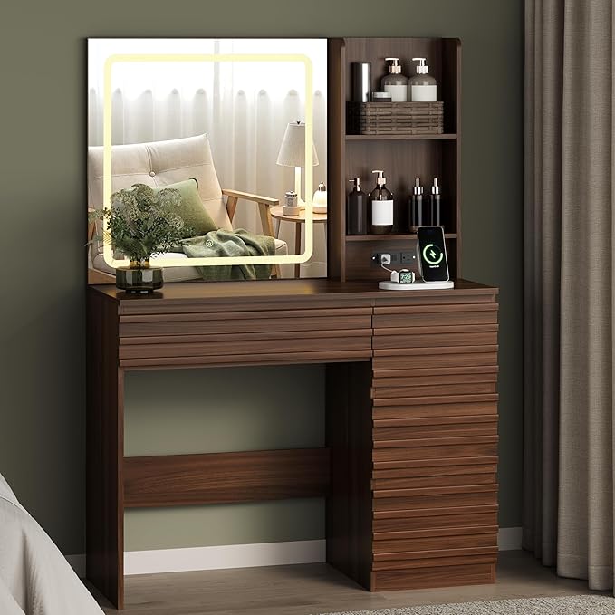 Makeup Vanity Desk with Lights, Fluted Vanity with 4 Drawers, Open Shelves, Power Outlet, LED Lighted Mirror, 3 Lighting Modes & Brightness Adjustable, Wood Dressing Table for Bedroom, Walnut