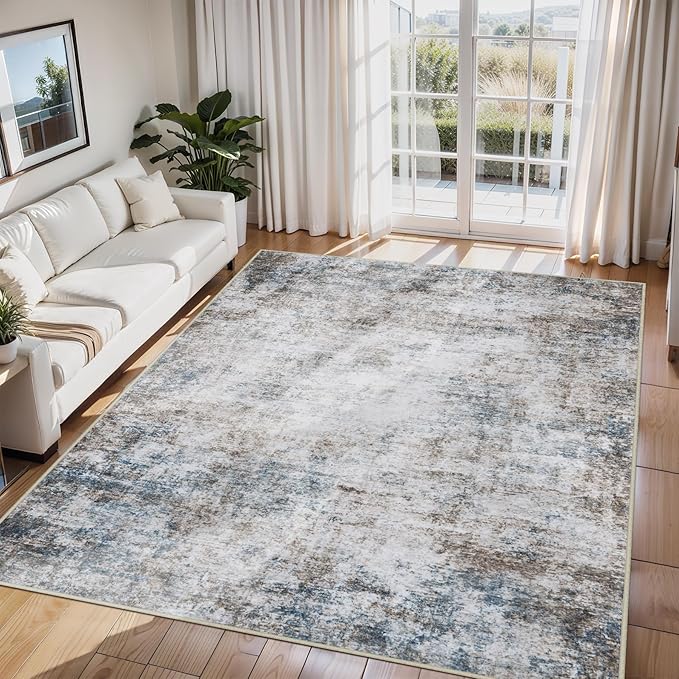 8x10 Area Rugs for Living Room Rug Washable: Abstract Large Rug for Dining Room Bedroom Carpet Non Slip 8 by 10 Indoor Modern Nursery Home Office White Brown Blue