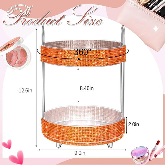Honeydak 360 Rotating Perfume Organizer Gift for Women, Rhinestone Preppy Skincare Organizer Bathroom Counter Makeup Holder Skincare and Perfume Storage for Cosmetic(2 Tiers,Resin Diamond,Orange)