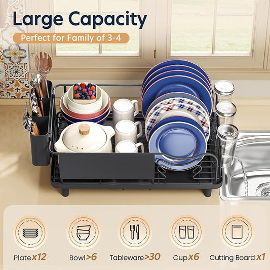 Stainless Steel Dish Drying Rack - Large Capacity Dish Rack for Kitchen Counter with Drain Board, Rustproof Dish Drainer with Drain Spout, Utensil Holder & Glass Holder, Dinnerware Organizer, Black