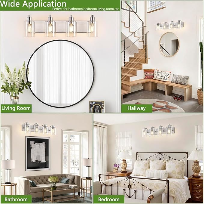 Brushed Nickel Bathroom Light Fixtures, Wall Mounted 4-Light Bathroom Lights Over Mirror with Clear Glass Shade,Wall Sconces for Kitchen Living Room Bedroom