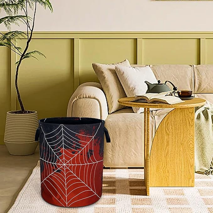 Spider Web Laundry Basket Funny Blood Splatter Foldable Waterproof Oxford Cloth Tote Bag Laundry Hamper Round Large Clothes Storage Bucket Organizer For Bathroom/Laundry Storage/Bedroom 18.9x16.5 Inch