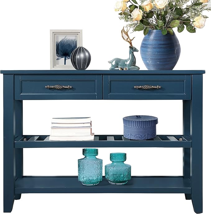 LKTART Solid Wood Console Table Entryway Table with Storage Drawers and Shelves Sofa Table for Entry Hallway Foyer(42" Navy Blue)