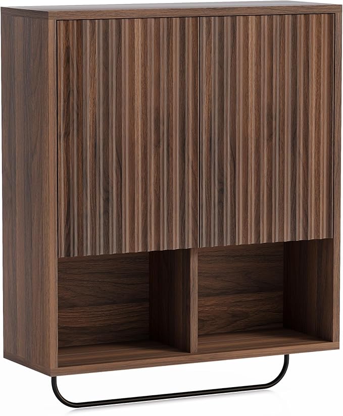 Fluted Wall Cabinet, Modern Medicine Cabinet Bathroom with Doors and Adjustable Shelf Towel Rack Wood Storage Cabinet for Kitchen Dining Room Living Room, Brown