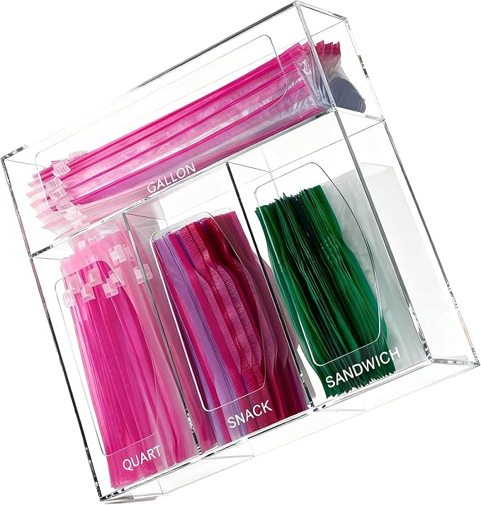 SEANADO Acrylic Zip Bag Storage Organizer, Bamboo Baggie Organizer Dispenser for Kitchen Drawer and Wall Mount,Compatible with Gallon, Quart, Sandwich & Snack Variety Size Bag(Clear)