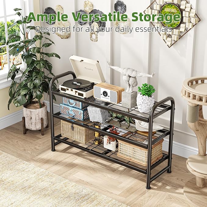 Simple Trending 3-Tier Expandable Shoe Rack, Adjustable & Stackable Shoe Organizer, Heavy Duty Metal Free Standing Shoe Shelf Storage for Closet Entryway Doorway, Black