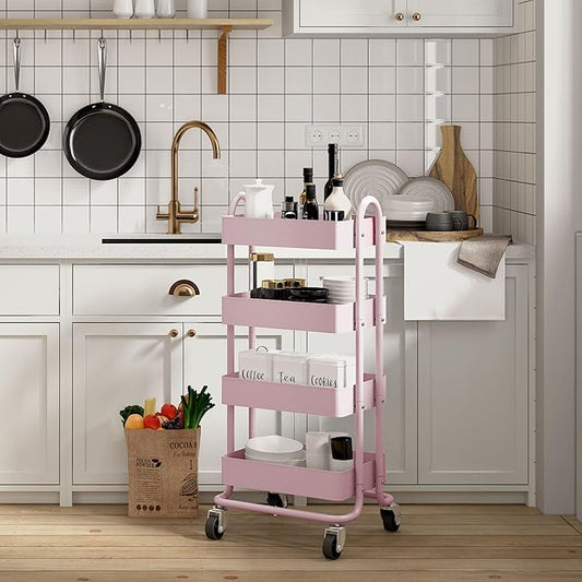 4 Tier Metal Rolling Cart Pink Utility Cart with Wheels,Rolling Pink Cart for Office,Home,Kitchen,Garden(13.4"x18.1"x40")