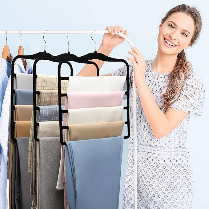 Pants Hangers Space Saving,5P Scarf Hangers for Closet Organizers and Storage,Non Slip Velvet Hanger for Closet Organizer,College Dorm Room Essentials,Heavy Duty Organization and Storage Jean Hangers