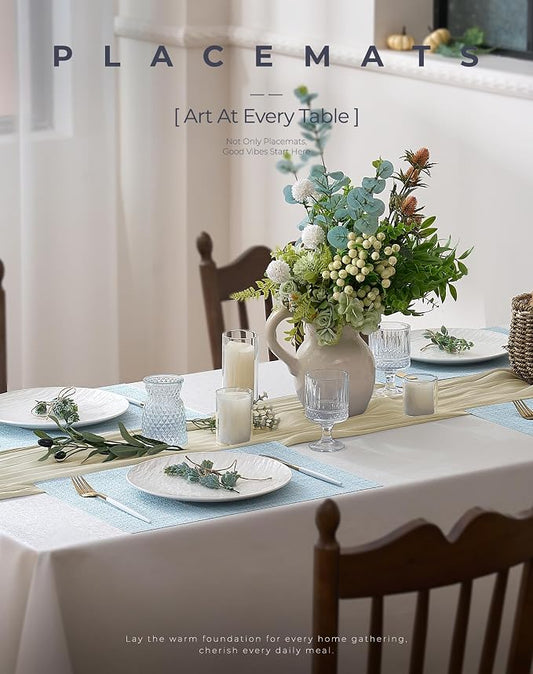 Leetaltree Soft Sky Blue Woven Placemats Set of 4 - Heat Resistant Non-Slip Place mats for Dining Table, Washable Durable PVC Vinyl Woven Table Mats(Sky Blue, 4)