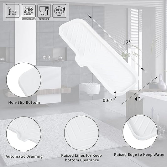 MicoYang Silicone Soap Dish with Drain Spout — Self-Draining Double Sink Organizer Tray for Kitchen & Bathroom, Dispensers, Sponges & Soap Holder, Non-Slip & Dishwasher Safe, White (Large, 12"×4")