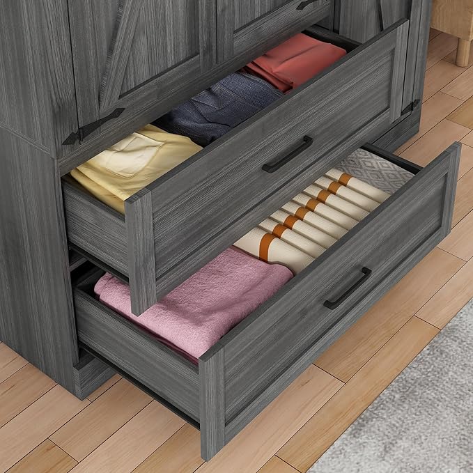 St.Mandyu Farmhouse Wardrobe Armoire Closet with 3 Doors and 2 Drawers, 70.1" Wooden Clothing Storage Cabinet, Freestanding Large Capacity Storage Wardrobe Armoire with Hanging Rod for Bedroom, Grey