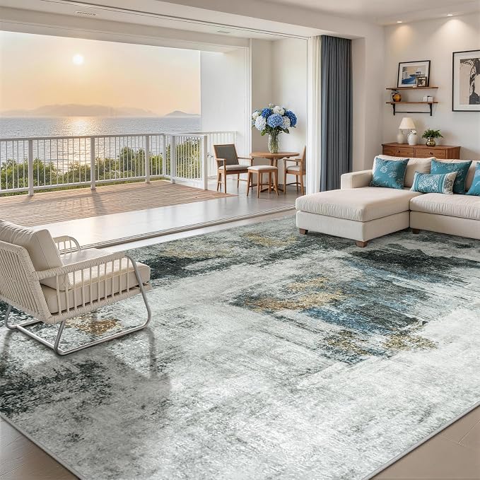 10x14 Area Rugs for Living Room Rug Washable: Abstract Large Rug Indoor Modern Carpet Non Slip for Dining Room Bedroom Nursery Home Office Black Gold
