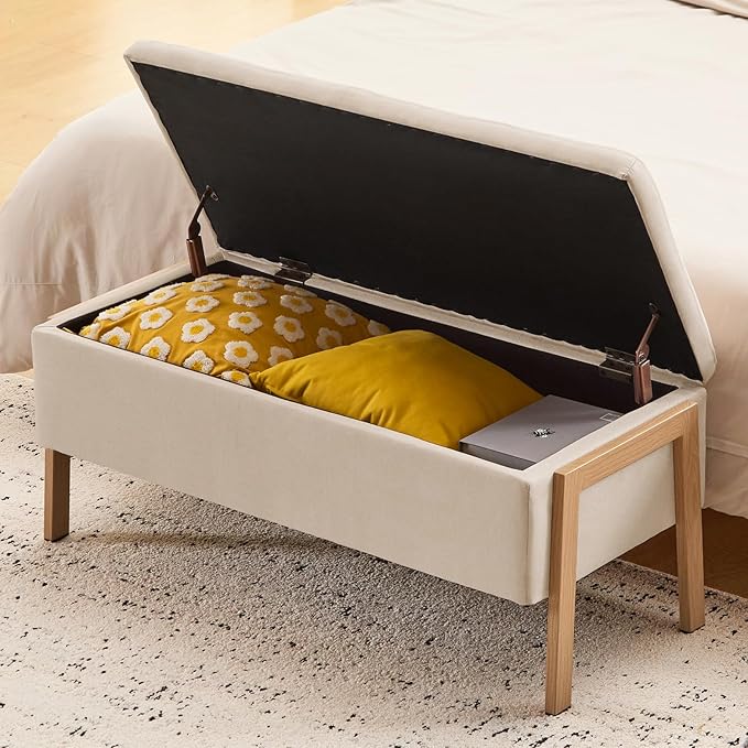 Furniliving Storage Bench for Bedroom, Modern End of Bed Storage Ottoman Bench, Upholstered Linen Ottoman Benches, Folding Bedroom Ottoman for Living Room, Entryway, Beige