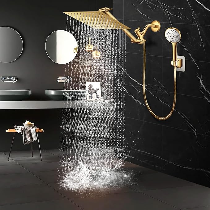 12'' Shower Head with Handheld, High Pressure Rainfall Shower Head Combo with 11'' Adjustable Extension Arm, 5 Setting Hand Held Shower Head with 60 Inch Shower Hose. Anti-Leak (Gold)