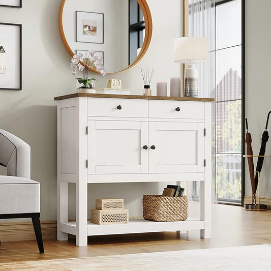 HOSTACK Farmhouse Console Table with 2-Door Cabinet & 2 Drawers, Coffee Bar, Entryway Table with Storage Shelf, Sofa Tables Buffet Sideboard for Kitchen, Hallway, Dining, Living Room, White