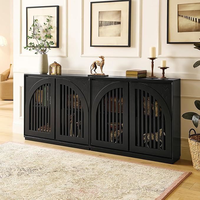 LKTART Arch Doors Sideboard Buffet Storage Cabinet,Mid Century Modern Storage Cabinet with Shelves,Wood Coffee Bar for Living Room, Kitchen, Hallway-Black