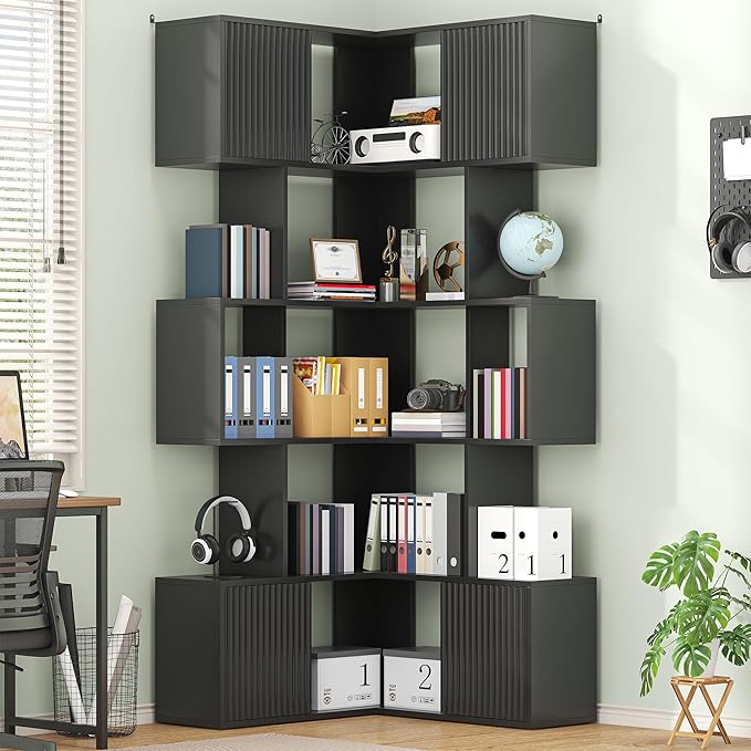 Semoic 71 inch Corner Bookshelf, 5 Tier Storage Bookcase, L-Shaped Cube Bookshelf, Wood Modern Book Shelf Organizer for Living Room/Home Office/Bedroom Display Unit, Black