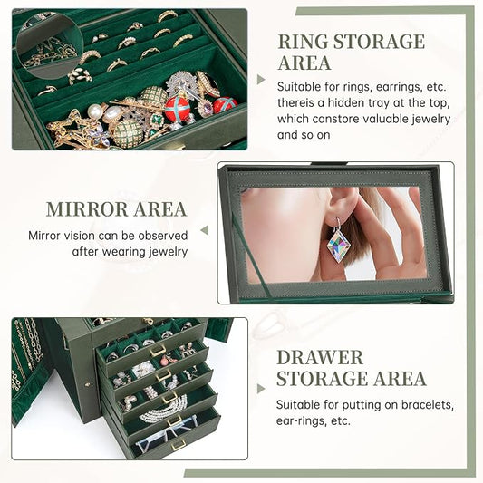 AKOZLIN 6-Tier Jewelry Box Organizer Functional 5 Drawers Leather Jewelry Storage Case for Women Girls Ring Necklace Earring Bracelet Holder Organizer with Mirror Extra Large Darkgreen