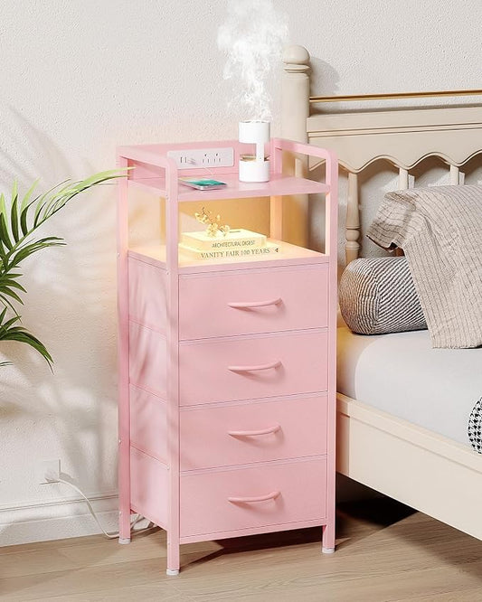Lazzanto Night Stand Bedside Charger Bedroom - Nightstand with Charging Station & LED Light Strip, Night Stand with Storage Shelf & 4 Fabric Drawers, Morden End Table with USB Ports&AC Outlets,Pink