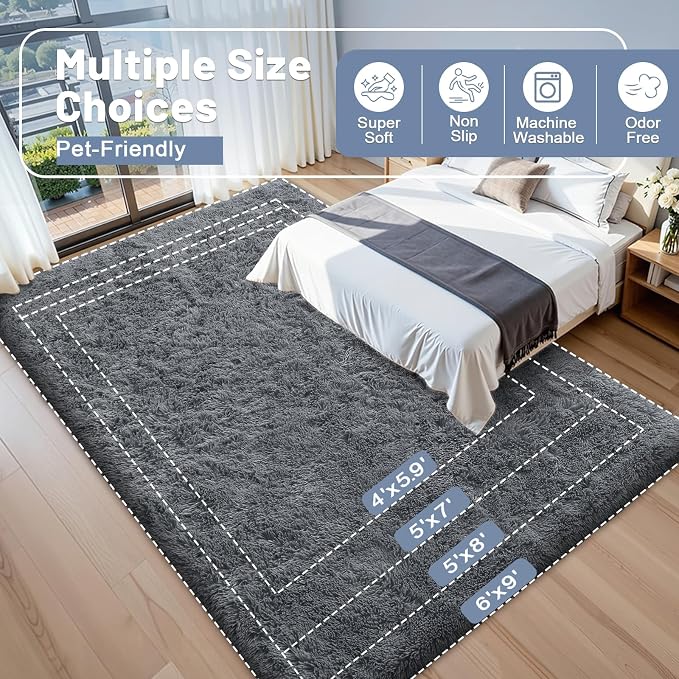 OLANLY 8x12 Machine Washable Large Area Rugs for Living Room, Bedroom, Soft Fluffy Shaggy Bedside Rug, Indoor Floor Carpet for Kids Girls and Boys, Dorms, Nursery, Home Decor Aesthetic, Grey
