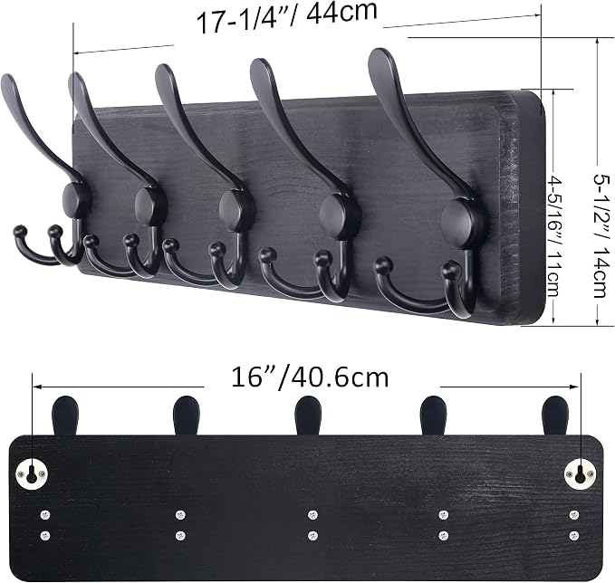 SKOLOO Rustic Wall Mounted Coat Rack: 16" Stud Spacing, Pine Real Wood Plank Wall Coat Rack with 5 Triple Hooks, Farmhouse Coat Hanger Wall Mount for Hanging Backpack Jacket Coat Hat
