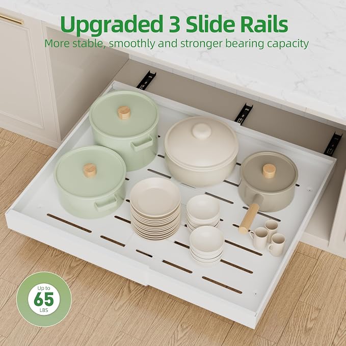 PAKETA 4 Pack Expandable Pull Out Cabinet Organizer, 21'' Deep Pull Out Drawers for Cabinet, Upgrade 3 Slide Rails Sliding Drawers for Cabinets with Adhesive Nano Film (White, 21"D X 15-26"W)