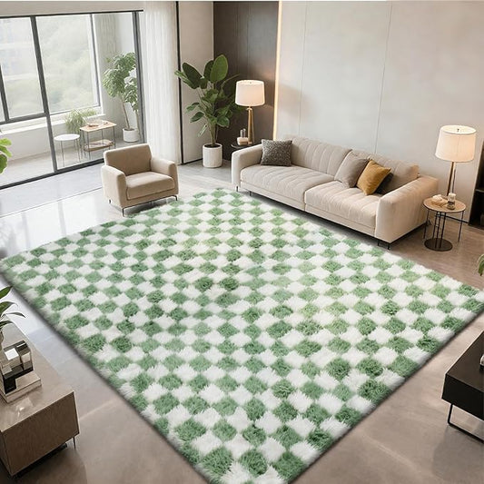 Large Area Rugs for Living Room Bedroom,9x12 Green and White Fluffy Soft Checkered Rug Fuzzy Shag Shaggy Carpet,Indoor Plush Floor Rugs for Teen Dorm Home Decor