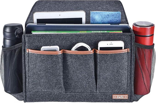 Zafit Bedside Caddy, Large Size Storage Organizer with 8 Pockets - Holds Magazines, Remotes, Phone (13.4'' x 18.1'', Dark Grey)
