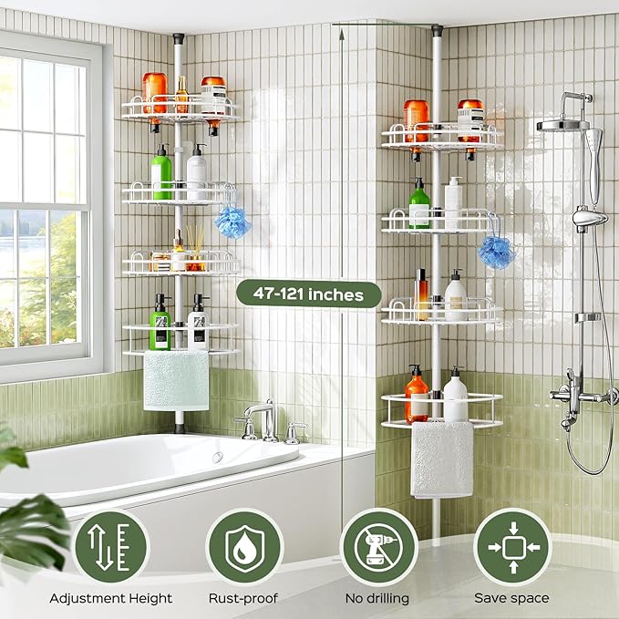 HAMITOR Corner Shower Caddy Tension Pole: Rustproof Bathroom Organizer Shelves for Bathtub Shampoo Accessories Storage Holder - 47-121 Inch Adjust - White