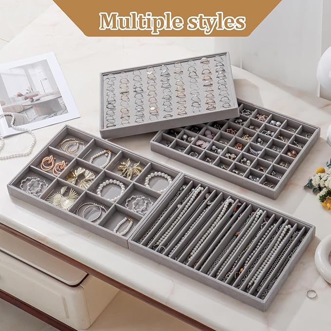 Large Velvet Jewelry Tray 2 Pack Stackable Jewelry Display Drawer Inserts Trays Organizer for Earring Bracelet Necklace Ring (Gray, 24 Grids)