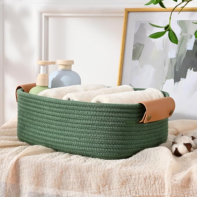 Storage Baskets for Organizing, Small Woven Basket Set of 6-4 Shelf Basket with Leather Handle and 2 Small Gift Baskets, Cotton Rope Basket for Shelves, Nursery, Dog Toy, Bathroom