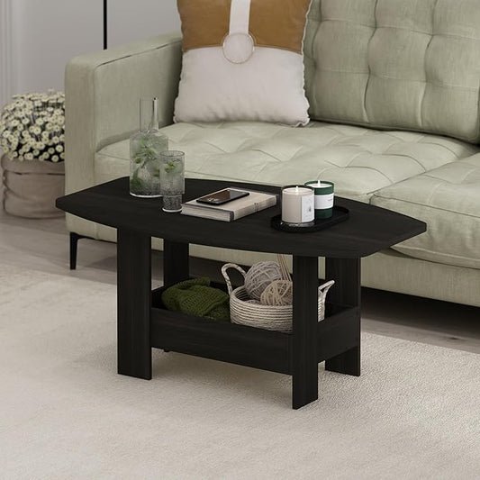 Furinno Simple Design Coffee Table, 2-Tier Modern Center Table with Lower Shelf, Round Corner Side Table, for Living Room, Bedroom, Home Office, Espresso