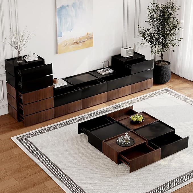 Coffee Table with Storage,Modern Center Table with 4 Hidden Drawers for Living Room,Rectangle Coffee Table for Home Furniture,Bedroom,Dark Walnut and Black
