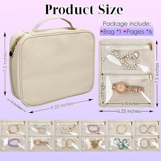 Travel Jewelry Organizer Case,Jewelry Bags for Traveling, Jewelry Binder with 24 Pcs Clear Zipper Velvet Pouches for Storing Earrings, Rings, Necklace, Bracelet, Watch (Beige)