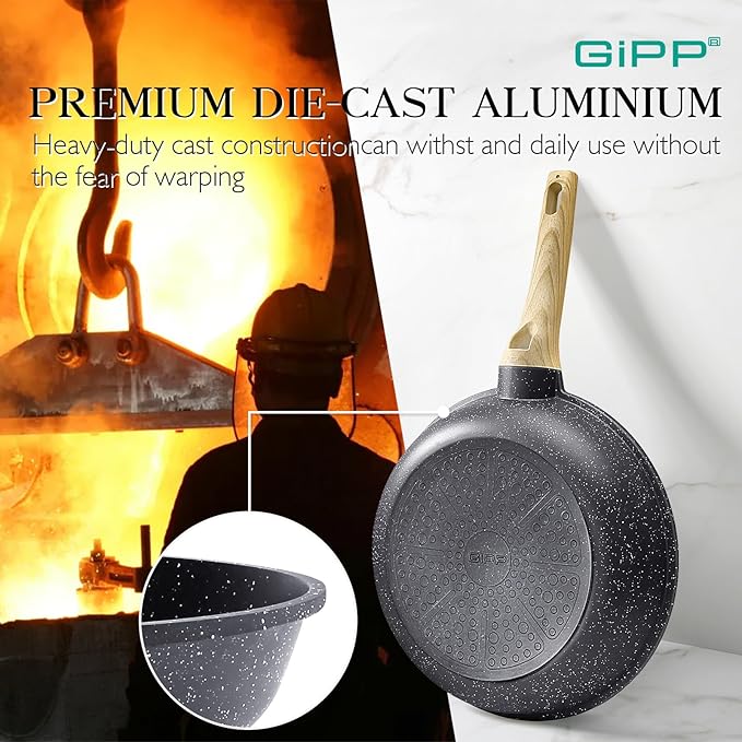GiPP Non Stick Frying Pan Set - 9.5" 10.2" 11" Ceramic Nonstick Skillets, Non Toxic, Omelette Pan with Stay Cool Handle, Induction Compatible, PFAS/PTFE/PFOA Free, Gray