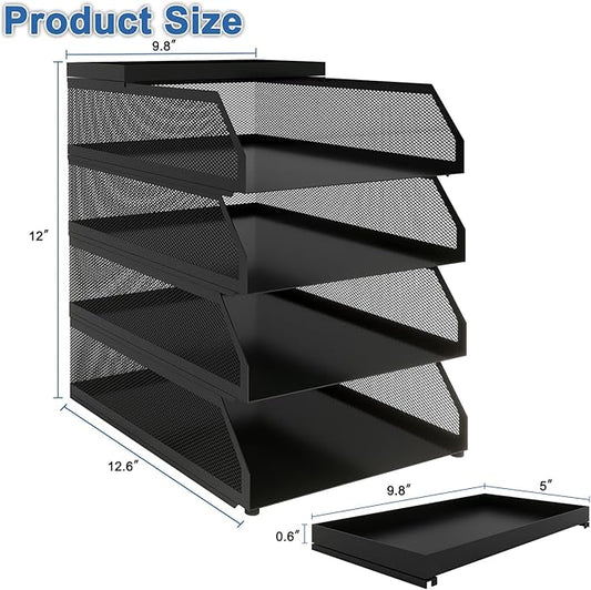 Natwind 4-Tier Paper Organizers,Desk Organizer,Stackable Paper Tray, Desk Accessories,Metal Mesh Desktop Organizer,Letter Trays,File Document Storage Rack for for Home, Office, School (Black)