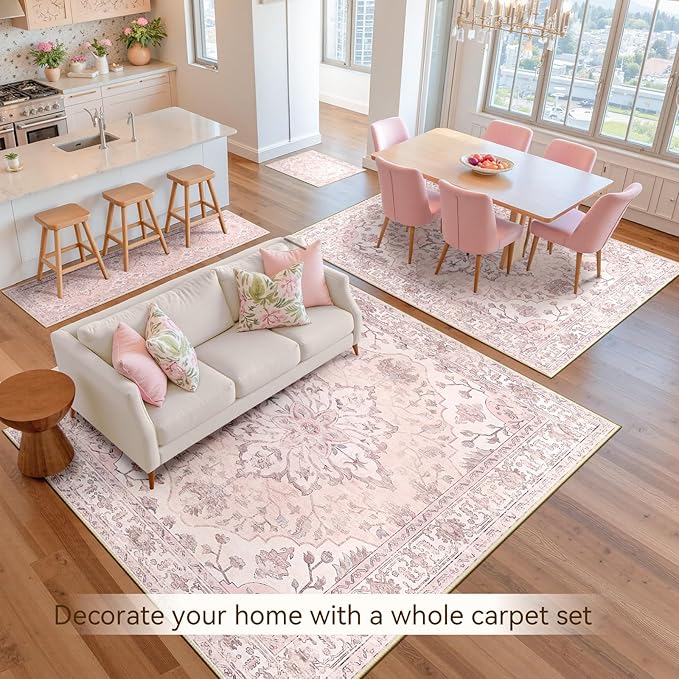 RELEANY Area Rugs Runner 2'x10' Washable Non-Slip, Floral Vintage Distress Medallion Carpet for Kitchen Hallway Bedroom Beside Laundry Room Bathroom, Pink Greypink Cute