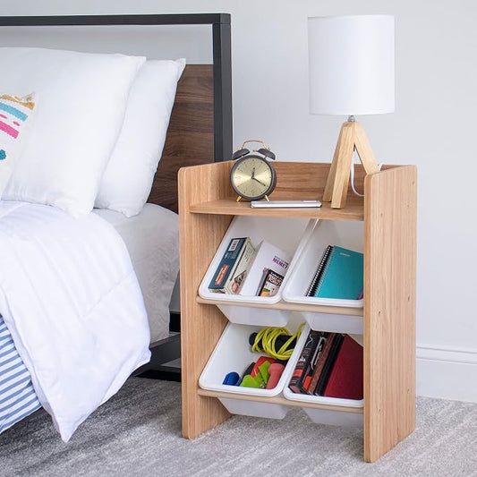 Humble Crew 4-Bin Storage End Table – Nightstand with Natural Wood Frame & White Plastic Bins, 2-Tier Organizer with Shelf for Bedrooms, Dorms & Small Spaces