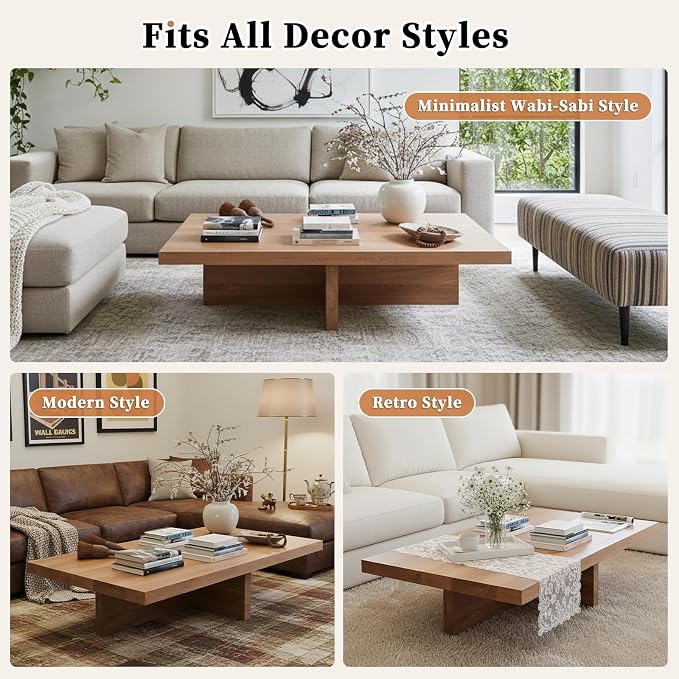 Solid Wood Square Coffee Table 2 Inch Thick Farmhouse Low Minimalist Center Table for Living Room Office