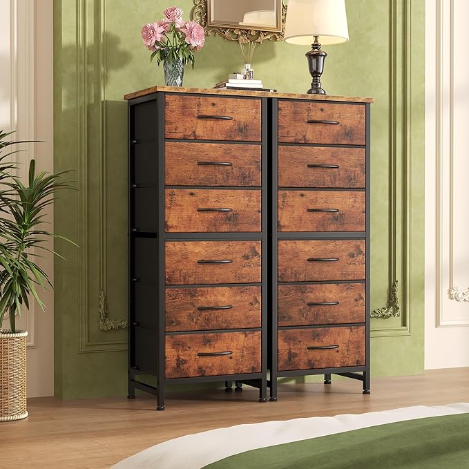 Sweetcrispy Tall Fabric Dresser for Bedroom, 6 Drawer Skinny Chest of Drawers, Narrow Storage Tower with Wood Top and Metal Frame, Vertical Nightstand for Closet, Bedroom Organization Furniture, Brown
