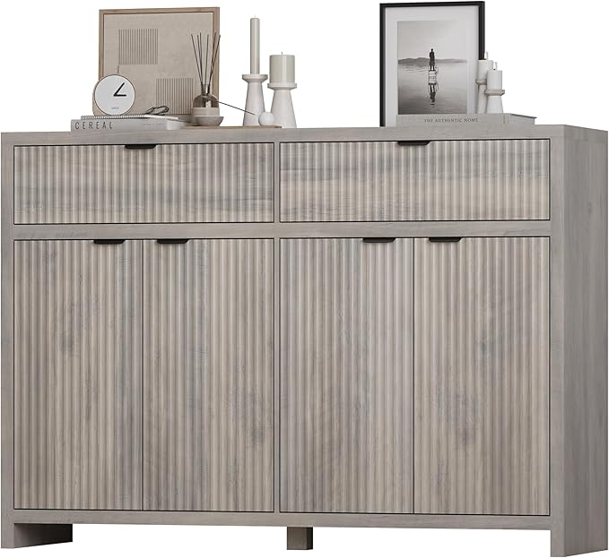 Fluted Sideboard Buffet Cabinet with Storage and Large Drawers, 55" W Credenza Storage Cabinet for Living Room or Entryway, 40'' H Farmhouse Buffet Table with Adjustable Shelves, Console Cabinet