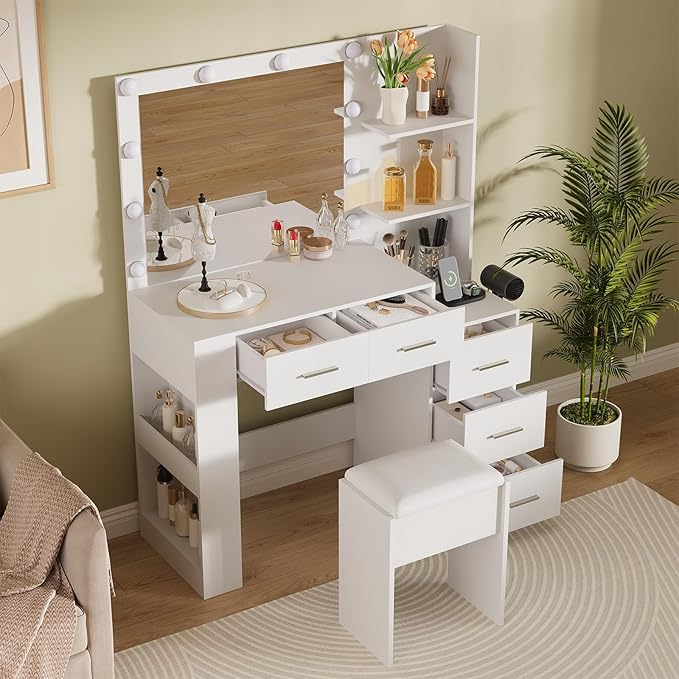【10-Bulb Mirror | Built-in Outlets】 41'' Large Vanity Desk with Mirror and 3 Color Lighting Modes - Makeup Desk with Stool and 5 Drawers for Bedroom