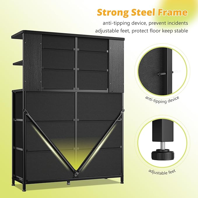 EnHomee Dresser with 12 Drawers & LED Lights, Dresser for Bedroom with 4 Open Storage Shelves, Fabric Dressers & Chests of Drawers, Metal Frame, Wood Top,45.2" H x 35.4" W x 11.8" D, Black