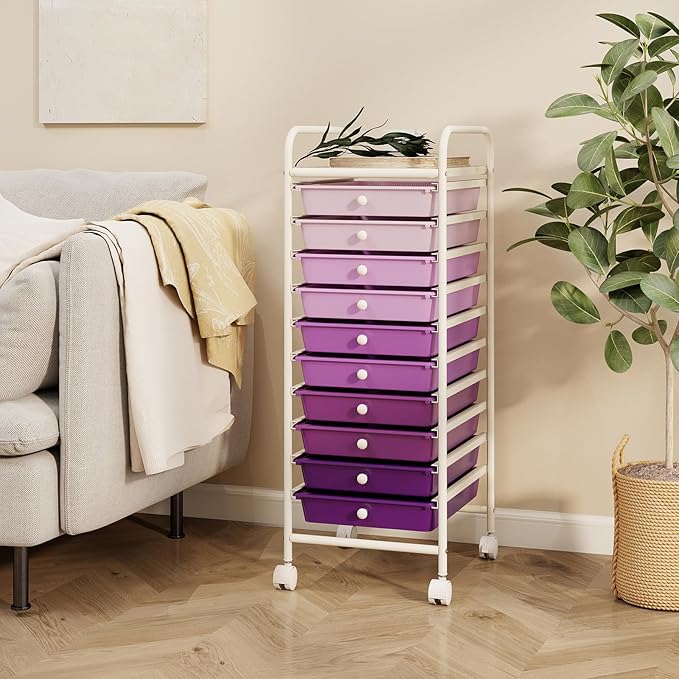 RELAX4LIFE 10 Drawer Rolling Cart - Slim Storage Cart w/Lockable Wheels for Classroom School Teacher Office, Art Supplies Paper Scrapbook Craft Organizers, Utility Cart with Drawers (Gradient Purple)